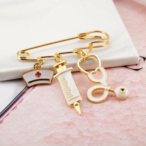 Doctor Nurse Syringe Stethoscope Nurse Hat Heart Shaped Enamel Metal Badges Lapel Pins Brooches Jewelry For Women/Men Friends
