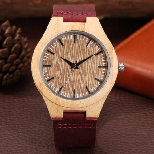 Bamboo Wood Mens Wristwatch Brown Genuine Leather Watchband Stylish Coffee Wave Pattern Round Dial Mens Wooden Clock