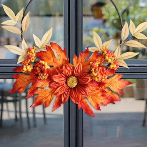 Flower Wreath Wall Hanging Red Plastic Artificial Maple Leaf Garden Door Artificial flowers decoration for Home Deco