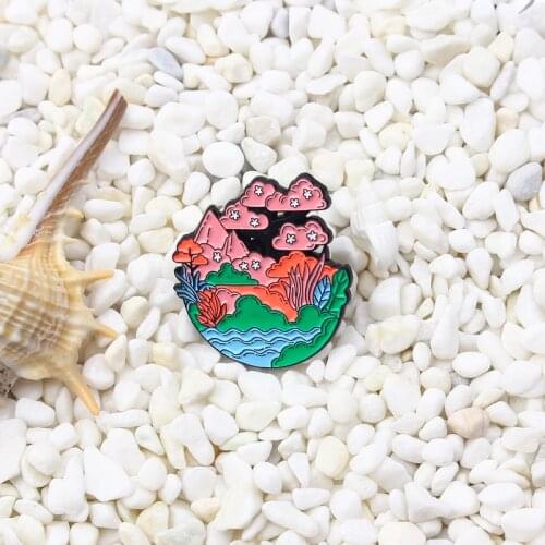 Potted plants scenery Enamel Brooch Mountain tree grass Bush rivers Lapel Pin Creative bonsai Custom Badge