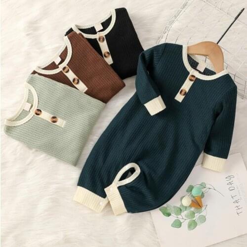 Kids Baby Jumpsuit Splicing Color Henley Neck Long Sleeves Knitted Rompers with Buttons Toddlers Girls Boys Playsuits 0-24M