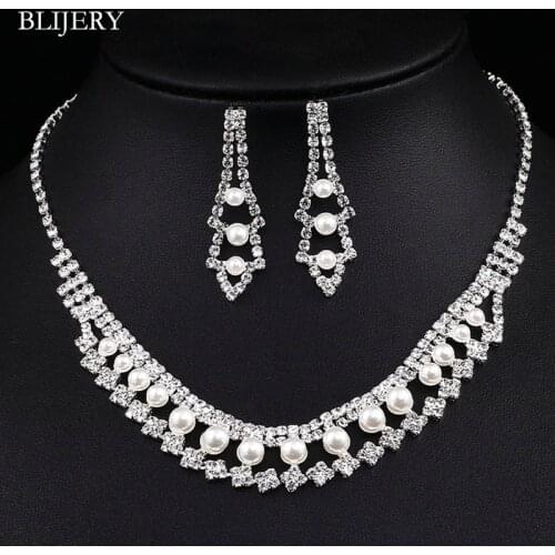 BLIJERY Fashion Geometric Bridal Jewelry Sets Simulated Pearl Crystal Necklace Earrings Set Women African Wedding Jewelry Set