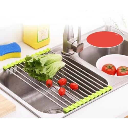 Kitchen Sink Draining Rack Dish Drainer Placemat Stainless Steel Non-slip Folding Drying Rack Holder for Bowl Fruit Vegetable SN