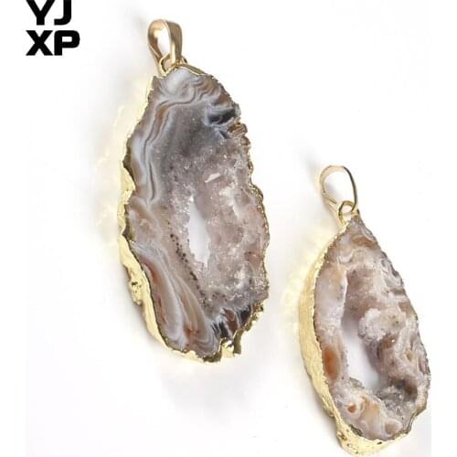 YJXP Light Yellow Gold Random Irregular Shape Unique Natural Stone Carnelian Geode Slice Pendant Jewelry for Gift