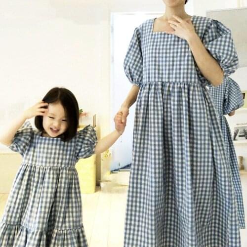 Summer 2020 new girl Han Fan mother and daughter princess bubble sleeve plaid casual dress