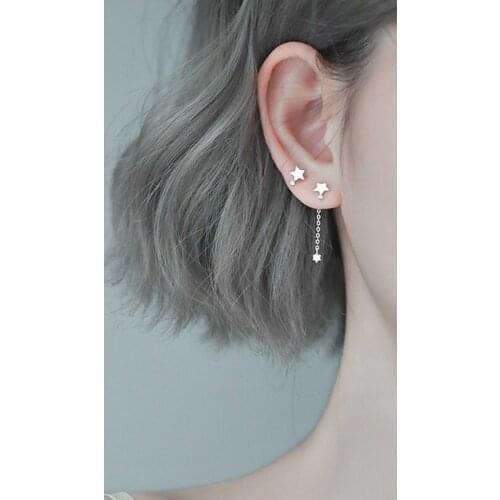 925 Sterling Silver Asymmetry Star Piercing Stud Earrings For Women Wedding Jewelry Hypoallergenic eh281