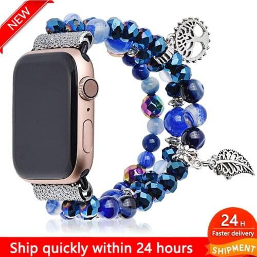 Fashion Unique Design Women Beads Strap for Apple Watch Band Series 6 5 4 Jewelry Bracelet for IWatch 40mm 44mm Metal Steel Band