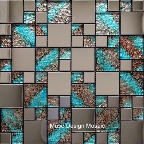 Euro Stainless Metal Blue Crystal Glass Mosaic tile kitchen backsplash TV background wall tile bathroom shower fireplace decor