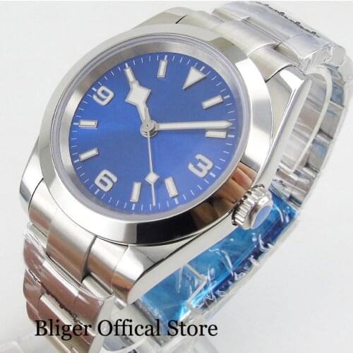 BLIGER Blue Sterile 36mm Polished Bezel Automatic Men Watch MIYOTA 8215 Snow Flake Hand Solid Back Brushed Oyster Band
