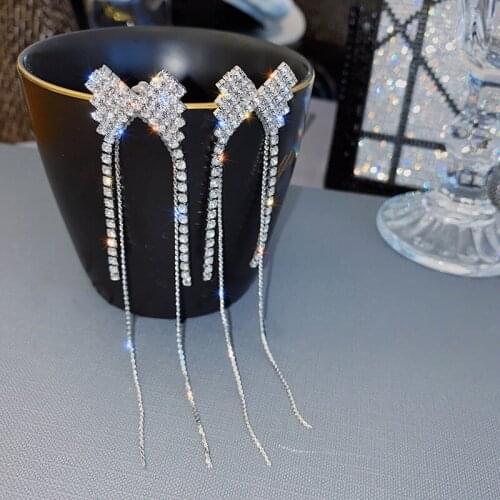 2020 New Fashion Fresh Shiny Crystal Bowknot Senior Drop Earrings Joker Long Metal Tassel Elegant Sweet Women Earrings Jewelry