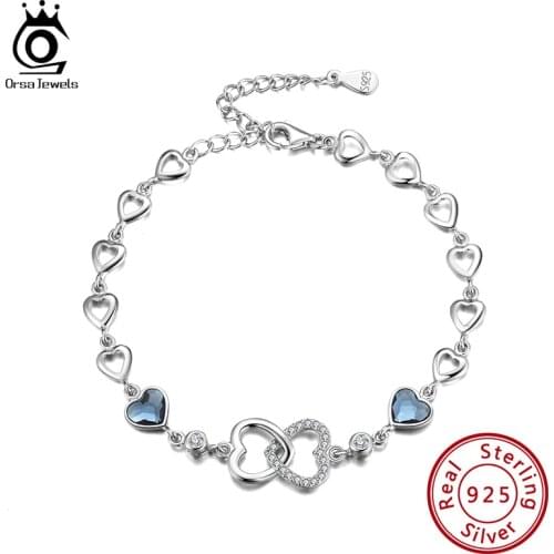 ORSA JEWELS 925 Sterling Silver Luxury Heart Shape Blue Austrian Crystal Bracelets for Women Chain on Hand Jewelry Gifts SWB05