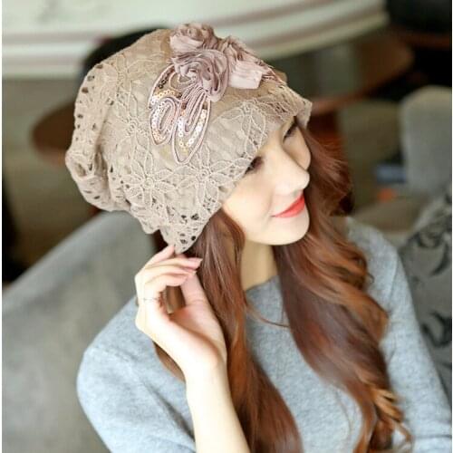 55-60cm Autumn Spring Women Beanie Double Layer Butterfly Headgear Flower Hollow Lace Bonnet Warm Lady Comfortable Casual Hats