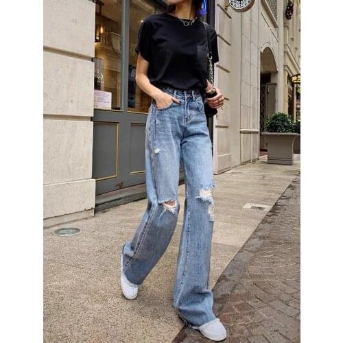Sexy Spring Hole Ripped Jeans For Women High Elastic Light Washed Vintage Straight Wide Leg Trousers Femme Denim Jeans