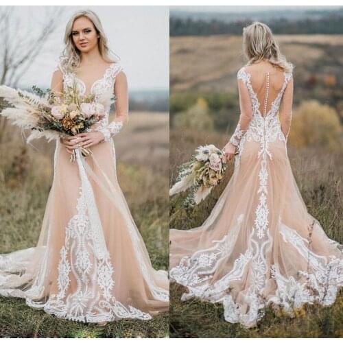 Champagne White Wedding Dresses A Line Applique Lace Bridal Gowns Wedding Gowns Country Style Long Sleeves Custom Made Plus Size