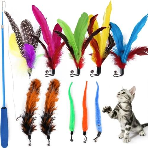 11pc Cat Feather Teaser Toy1 Retractable Cat Wand & 10 Replacement Teaser Refills with Bell Cat Interactive Catcher Teaser Toy