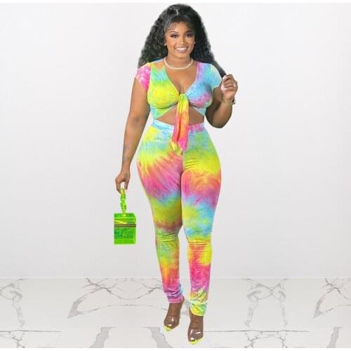 XL-4XL Plus Size Tie Dye Print Two Piece Set Tracksuit for Women Tied Front Short Sleeve Crop Top and Jogger Sweatpant Outfits