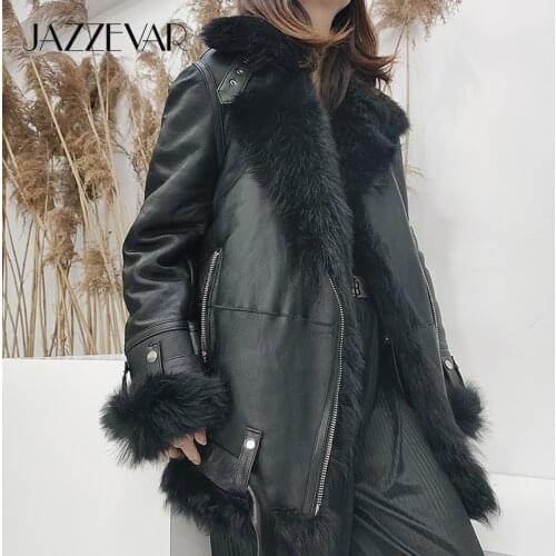 JAZZEVAR sheepskin winter Jacket high fashion street Women Real double faced fur Outerwear female Tuscany leather with fur coat