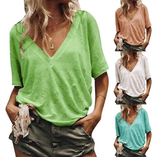80%HOT Summer Women Plus Size Solid Color V Neck Short Sleeve T-Shirt Loose Basic Top