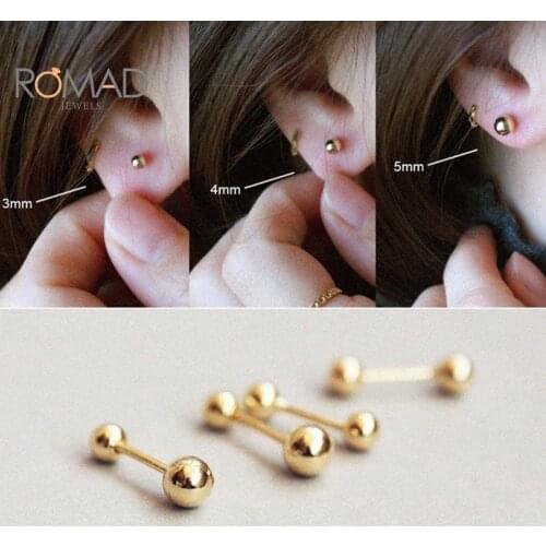 ROMAD 3/4/5mm Women Double-headed Round Beads Threaded Earrings 925 Sterling Silver Buckle Stud Earrings Female Gold Jewelry