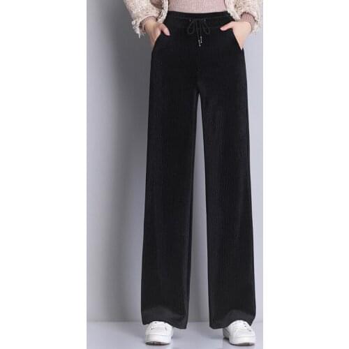 Lace Up Elastic Waist Streetwear 2020 Autumn Winter Casual Full Length Trousers Corduroy Pantalones Women Elegant Black Pants