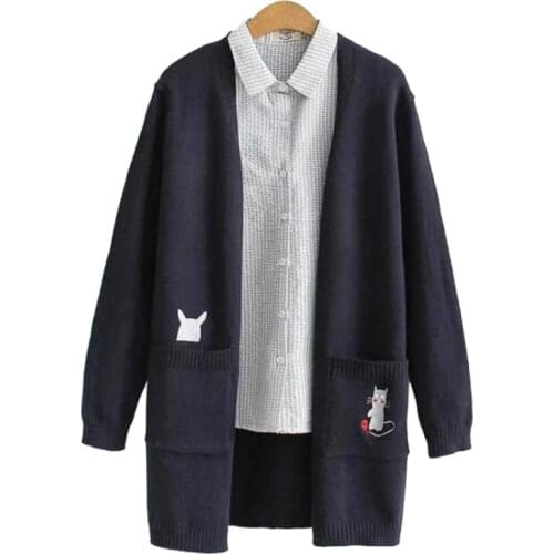 Merry Pretty 2020 Autumn Long Sleeve Cardigans Cartoon Cat Embroidery On Pockets Casual Women Knitted Sweaater Outwear Knitwear