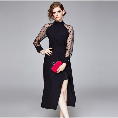 2020 New Women Dresses Solid Asymmetrical Mid-Calf Full Office Lady Lady Summer Dresses Empire O-Neck Elegant Party Night Dress