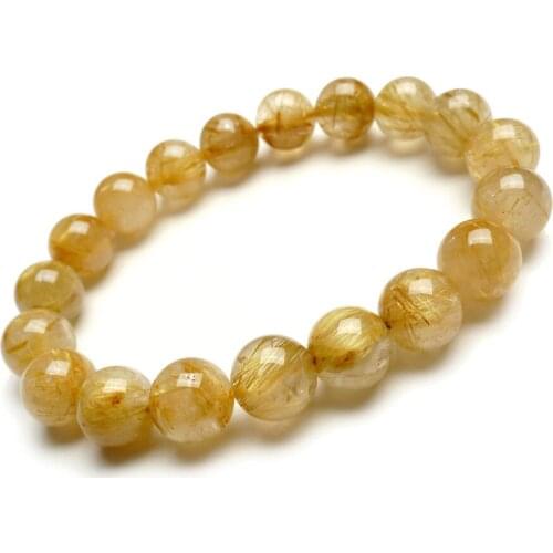10.5mm Brazil Natural Genuine Gold Hair Needle Titanium Rutilated Quartz Round Loose Bead Womens Stretch Crystal Bead Bracelet