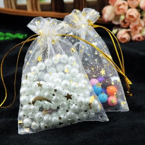 100pcs 9x12cm Drawable Organza Bags Star Moon White color Wedding Christmas Gift Bag Jewelry Packaging Bags Pouches