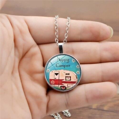 2021 New Fashionable for Women Glass Pendant Happy Camper Necklace Travel Gift Vintage Photo Cabochon Glass Chain