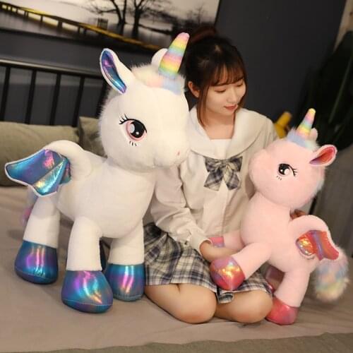 40/60cm New Lovely Glowing Wings Unicorn Plush Toy Stuffed Animal Doll Pillow Fluffy Hair Fly Horse Toy for Children Kids Gift