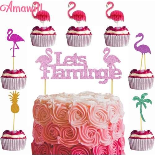 Amawill Flamingo Cupcake Topper Picks Cake Flags Kids Baby Shower Birthday Wedding Cake Decoration Flamingo Party Supplies 8D