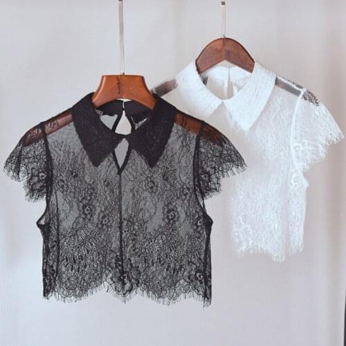 Women Eyelash Trimmed Floral Lace False Collar Cap Sleeves Sheer Lapel Detachable Half Shirt Blouse Solid Color Crop Top