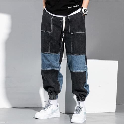 Jeans Mens Hip Hop Color Matching Cargo Pants Loose Tappered Harem Pants Fall Mens Patchwork Black Jeans Oversized Denim Jeans
