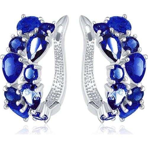 Elegant Ladies Accessories Blue Zircon Brincos Silver Hoop Earrings for Women Jewelry Wedding Engagement Statement Earings