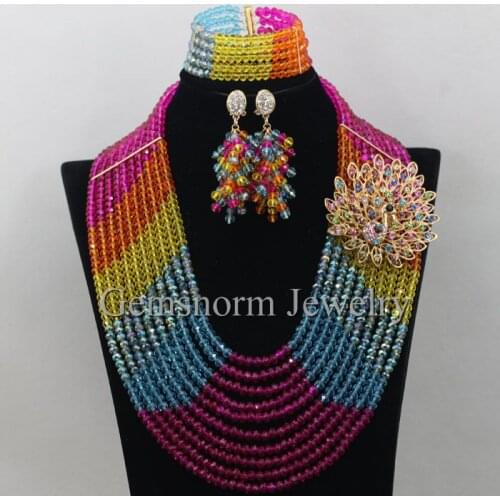 Fantastic Multicolor Nigerian Wedding African Beads Jewelry Set Crystal Costume Women Christmas Necklace Set Free Shipping WA131