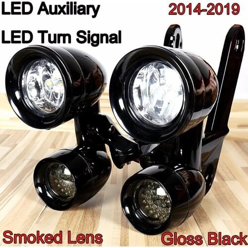 Gloss Black Fairing Mounted Driving Lights Smoked Turn Signals For Harley 2014-2019 Electra Street Glide Models