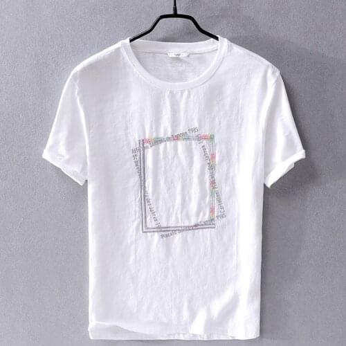 2019 Cotton and linen stitching short-sleeved t-shirt men fashion embroidery t shirt mens casual round neck tshirt male chemise