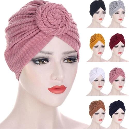Indian Turban Women Muslim Hijab Hat Stretch Chemo Cap Knot Beanie Bonnet Hair Loss Cover Headwear Scarf Wrap Islamic Cancer Cap