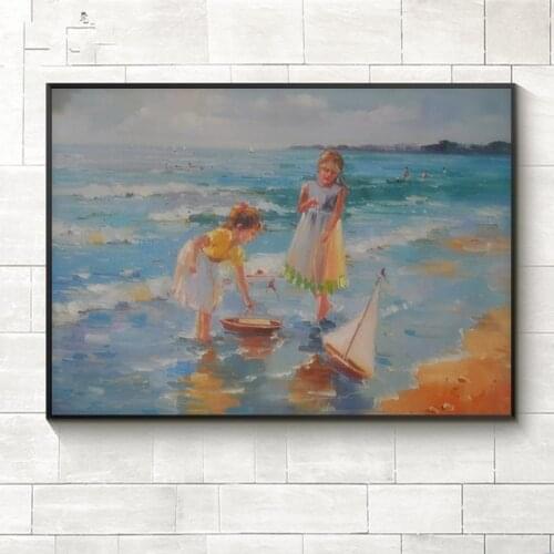 100%Hand Painted Oil Painting on Canvas Modern Wall Picture Children beach seascape Painting Wall Art decorative for Living Room