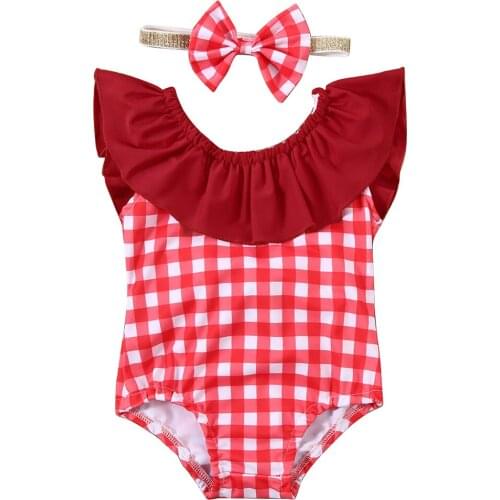 2020 Summer Toddler Baby Girl Swimwear Bikini Red Plaid Ruffle Sleeveless Beach Wear Princess Swimsuit Bathing Suit