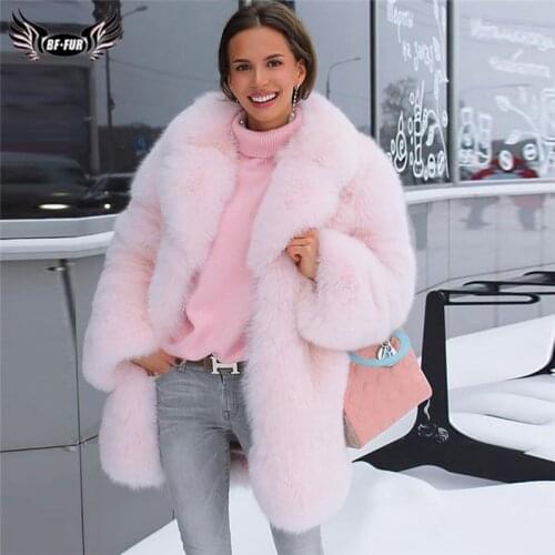 Fashion Womens Long Pink Real Fox Fur Coat With Big Lapel Collar Winter Thick Warm Blue Fox Fur Jacket For Woman Luxury Outwear