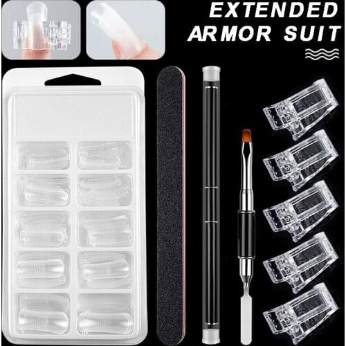 Nail Art Extention Set Flase Tips Fake Nail Mold Brush Acrylic Clip Quick Building Mold Tips Finger Extention Kit W/ Nail File