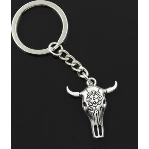 New Fashion Men 30mm Keychain DIY Metal Holder Chain Vintage Skull Bull Ox Star Head 32x26mm Silver Color Pendant Gift