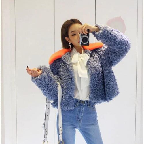 Autumn Winter Women Blue Faux Fur Coats Casual Loose Lapel Short Jacket Female Brand Warm Fluffy Fur Coat Fashion Outerwear Y641