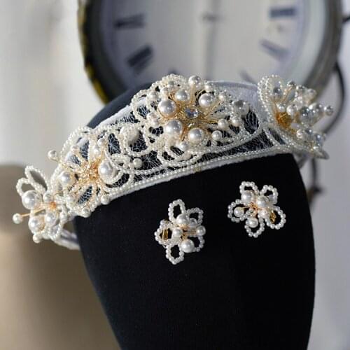Princes Pearls Brides Tiara Crowns and Earring Handmade Princess Wedding Headbands Bridal Hair Accessory