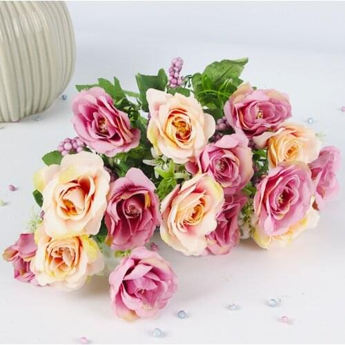 Rose Flower Beautiful Pink Artificial Flower Hydrangea Silk Fake Bouquet for Family Wedding