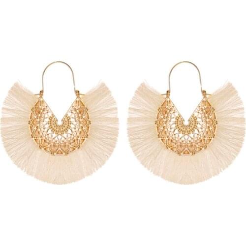 Boho Sleeper Tassel Hollow Lace Pattern Red Orange Black White Green Silk Thread Alloy Drop Earrings Dangle Earrings For Women