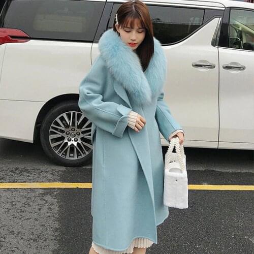 Plus Size Loose Warm Wool Blends Long Winter Coat With Real Fox Fur Collar Oversize Pure Wool Jacket Autumn Beige Coats Female