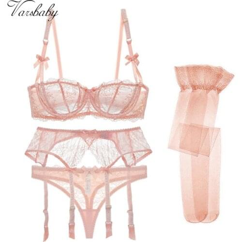 Varsbaby new arrival sexy lace transparent unlined 1/2 cup plus size underwear set bra+thongs+garters+stockings 4 pcs
