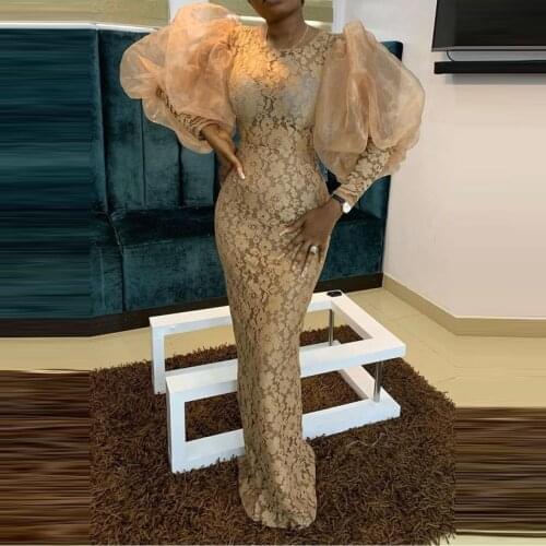 Champagne South African Evening Dresses Sheath Scoop Long Sleeves Lace Nigeria Dubai Saudi Arabic Evening Gown Prom Dress